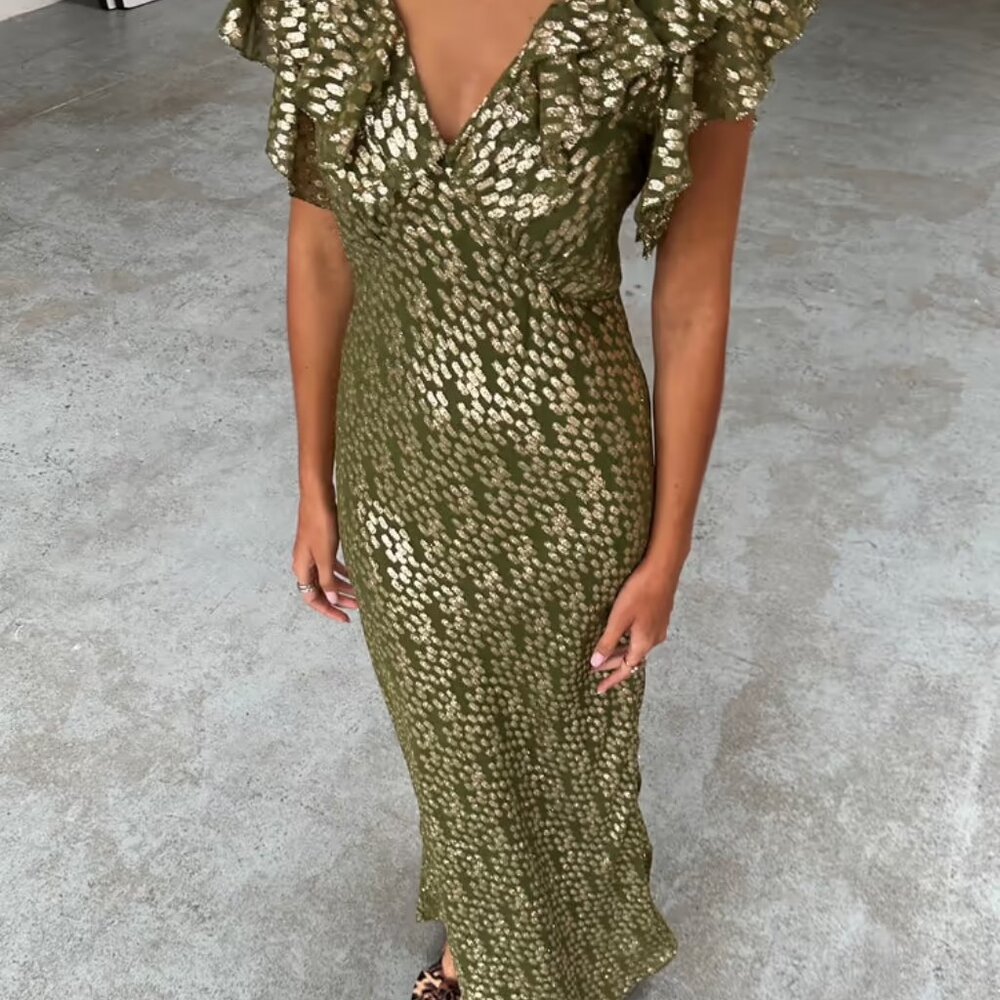 Never Fully Dressed Tilda metallic ruffle maxi dress in olive jacquard
